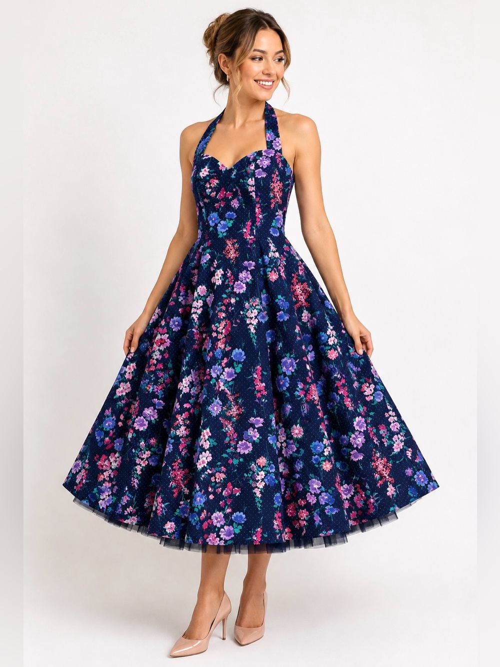 Vintage 50s Pin-Up Halter Sweetheart Full-Skirt Floral Swing Dress | 4/6